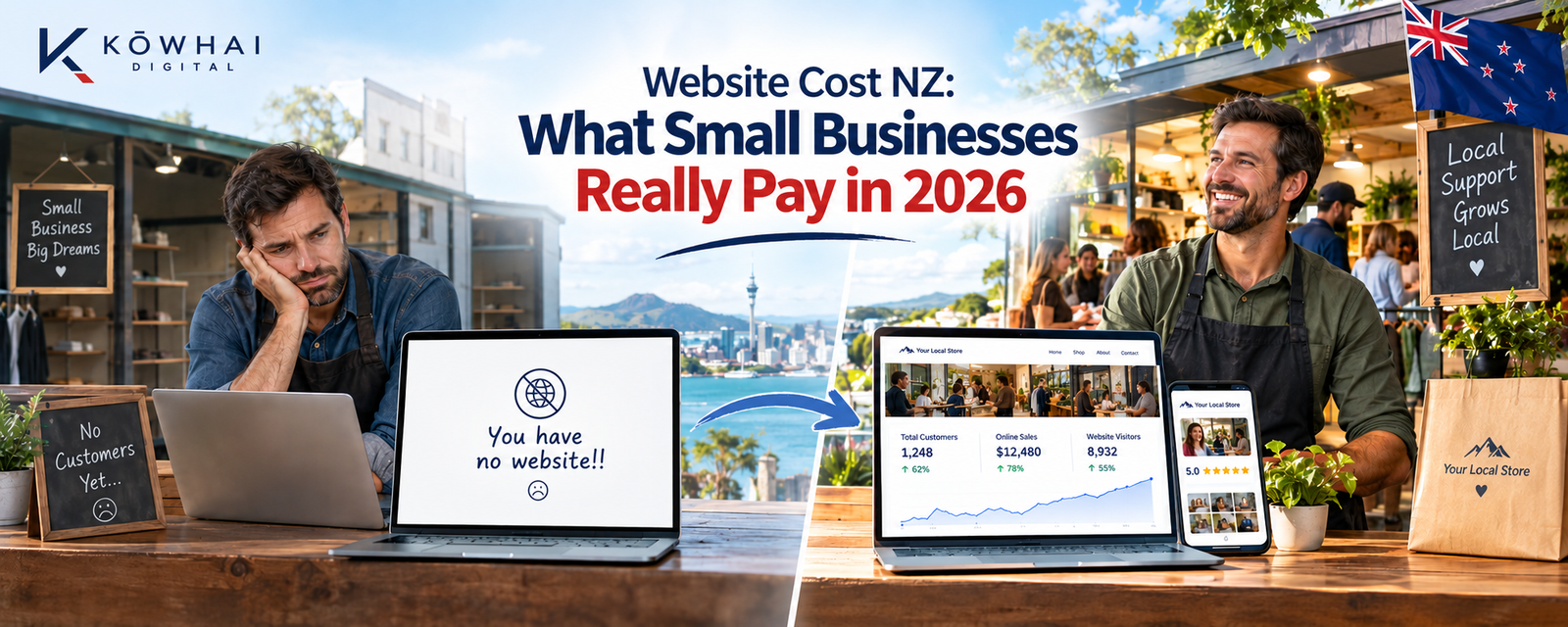 Website Cost NZ: What Small Businesses Really Pay in 2026 — before-and-after image showing a New Zealand retail business without a website compared with a thriving shop using a professional website, online sales and customer growth.